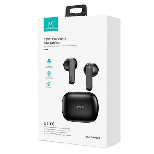 USAMS Bluetooth fülhallgató 5.0 TWS SM sorozat vezeték nélküli fekete BHUSM02 (US-SM001)