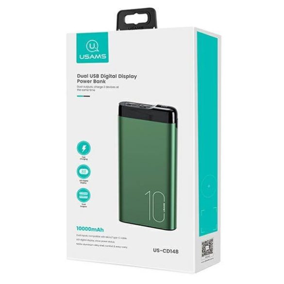 USAMS Powerbank PB55 10000mAh 2xUSB LED kijelző zöld 10KCD14802 (US-CD148) alumínium