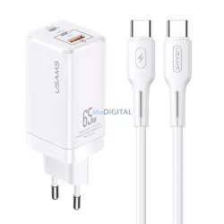   USAMS hálózati Power Delivery MT 2xUSB-C+USB GaN 65WT33 PD + USB-C–USB-C kábel 100 W-os gyorstöltéshez, fehér MTXLOGTC02