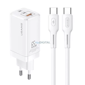 USAMS hálózati Power Delivery MT 2xUSB-C+USB GaN 65WT33 PD + USB-C–USB-C kábel 100 W-os gyorstöltéshez, fehér MTXLOGTC02
