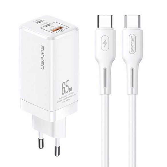 USAMS töltő MT 2xUSB-C+USB GaN 65W T33 PD + kábel USB-C-USB-C 100W gyorstöltés fehér MTXLOGTC02