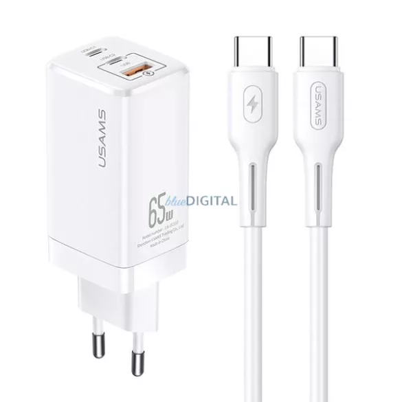 USAMS hálózati Power Delivery MT 2xUSB-C+USB GaN 65WT33 PD + USB-C–USB-C kábel 100 W-os gyorstöltéshez, fehér MTXLOGTC02