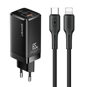 USAMS töltő MT 2xUSB-C+USB GaN 65W T33 PD + kábel USB-C-Lightning 30W Gyorstöltés fekete MTXLOGTL01