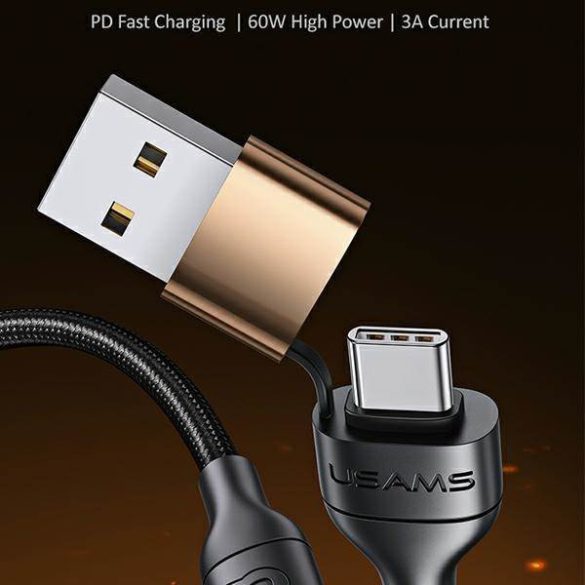 USAMS kábel fonott U62 2xUSB-C/USB-A /lightning 1,2m PD gyorstöltés fekete SJ483USB01 (US-SJ483)