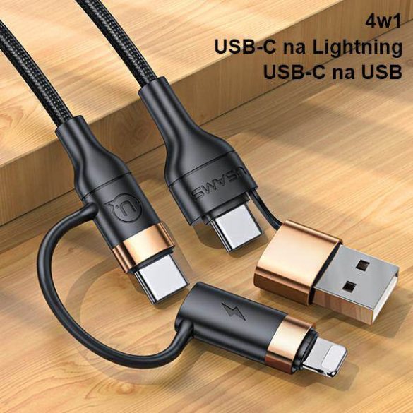 USAMS kábel fonott U62 2xUSB-C/USB-A /lightning 1,2m PD gyorstöltés fekete SJ483USB01 (US-SJ483)