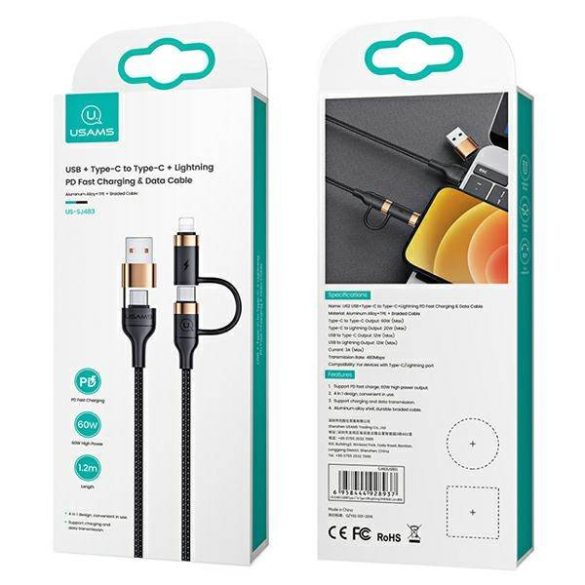 USAMS kábel fonott U62 2xUSB-C/USB-A /lightning 1,2m PD gyorstöltés fekete SJ483USB01 (US-SJ483)