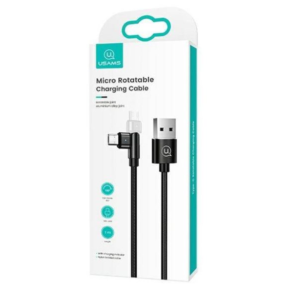 USAMS kábel fonott forgatható fejjel U60 2A microUSB fekete 1m SJ478USB01 (US-SJ478)