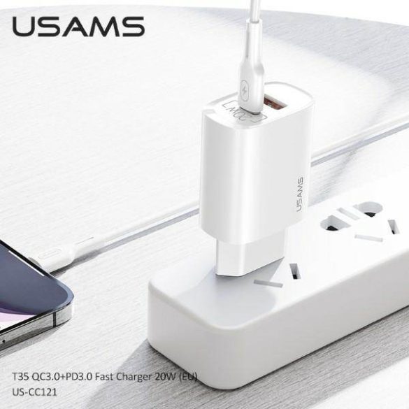 USAMS töltő 1xUSB-C+1xUSB T35 20W (csak fej) PD3.0 +QC3.0 gyorstöltés fehér CC121TC01 (US-CC121)