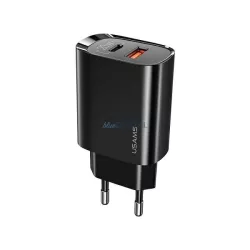   USAMS hálózati töltő 1xUSB-C + 1xUSB T35 20 W (csak a fej) PD 3.0 + QC 3.0 gyorstöltés, fekete CC121TC02 (US-CC121)