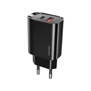 USAMS töltő 1xUSB-C+1xUSB T35 20W (csak fej) PD3.0 +QC3.0 gyorstöltés fekete CC121TC02 (US-CC121)