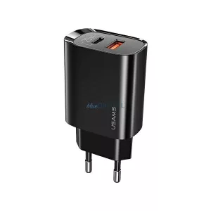 USAMS hálózati töltő 1xUSB-C + 1xUSB T35 20 W (csak a fej) PD 3.0 + QC 3.0 gyorstöltés, fekete CC121TC02 (US-CC121)