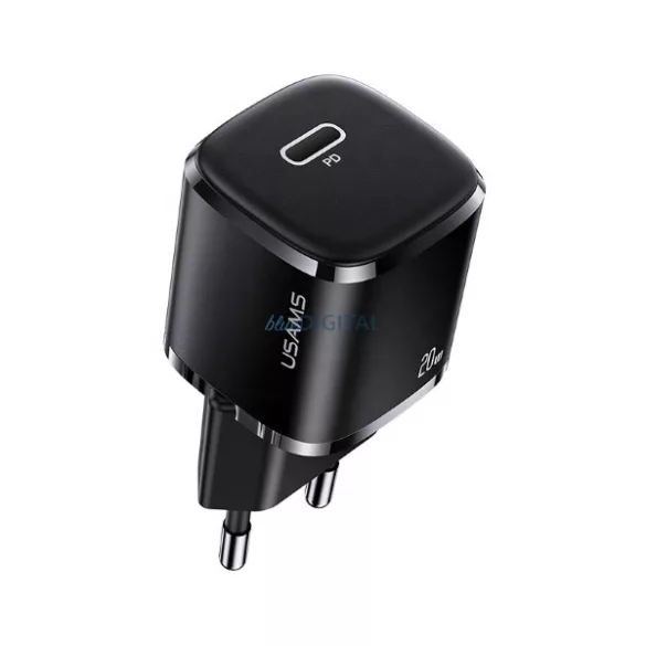 USAMS hálózati töltő 1xUSB-C T36 mini 20 W (csak a fej) PD3.0 gyors töltő fekete CC124TC01 (US-CC124)