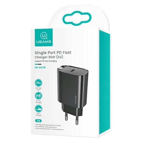 USAMS töltő 1xUSB-C T39 20W (csak fej) PD3.0 gyorstöltés fekete CC131TC01 (US-CC131)