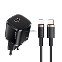   USAMS hálózati töltő 1xUSB-C T36 mini 20 W + USB-C–Lightning kábel, fekete/black, PD3.0 gyors töltő XFKXLOGTL01 (US-CC124+US-SJ484)