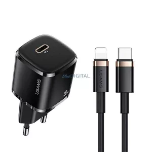 USAMS hálózati töltő 1xUSB-C T36 mini 20 W + USB-C–Lightning kábel, fekete/black, PD3.0 gyors töltő XFKXLOGTL01 (US-CC124+US-SJ484)