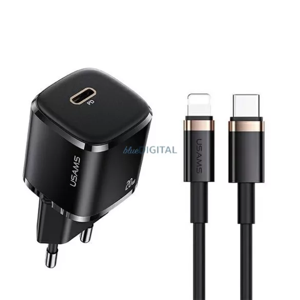 USAMS hálózati töltő 1xUSB-C T36 mini 20 W + USB-C–Lightning kábel, fekete/black, PD3.0 gyors töltő XFKXLOGTL01 (US-CC124+US-SJ484)