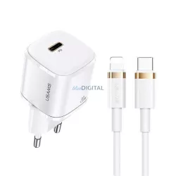   USAMS Hálózati Power Delivery 1xUSB-C T36 mini 20 W + USB-C–Lightning kábel, fehér, PD3.0 gyors töltő XFKXLOGTL02 (US-CC124+US-SJ484)