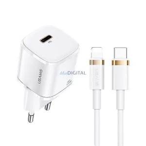 USAMS Hálózati Power Delivery 1xUSB-C T36 mini 20 W + USB-C–Lightning kábel, fehér, PD3.0 gyors töltő XFKXLOGTL02 (US-CC124+US-SJ484)