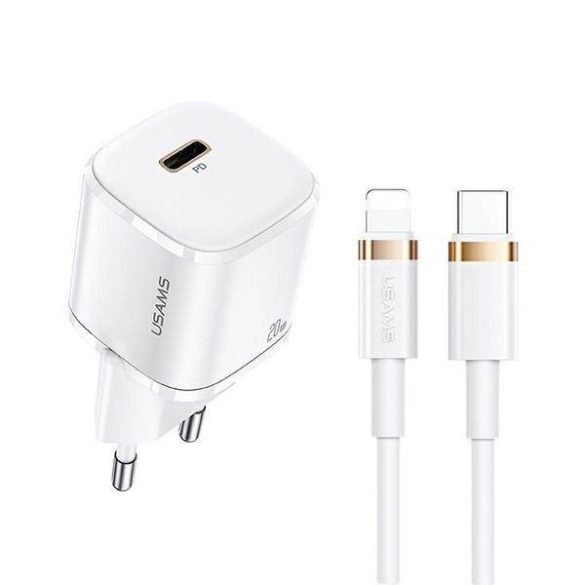 USAMS töltő 1xUSB-C T36 mini 20W + kábel USB-C-Lightning fehér PD3.0 gyorstöltés XFKXLOGTL02 (US-CC124+US-SJ484)