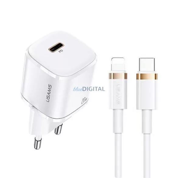 USAMS Hálózati Power Delivery 1xUSB-C T36 mini 20 W + USB-C–Lightning kábel, fehér, PD3.0 gyors töltő XFKXLOGTL02 (US-CC124+US-SJ484)