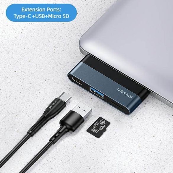 USAMS Adapter HUB USB 3.0/USB-C/Micro SD szürke