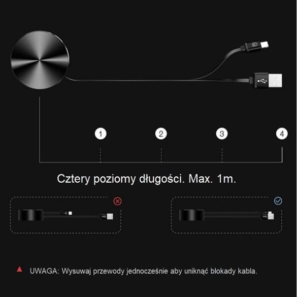 USAMS Kabel visszahúzható U-Bin microUSB 1m. 2A fekete MICUSBZH01 (US-SJ163)