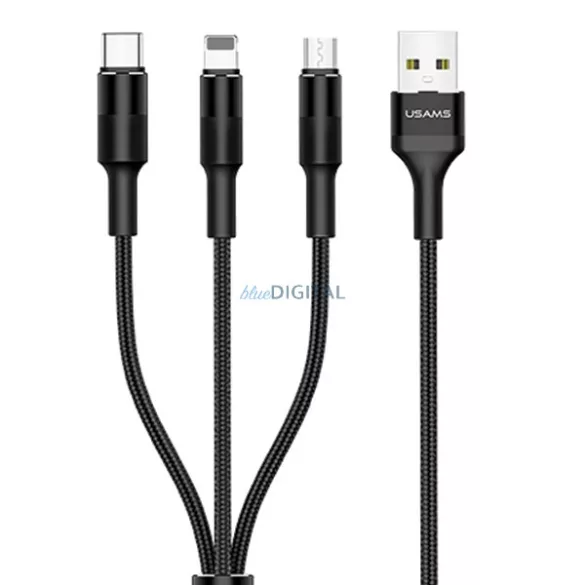 USAMS U5 USB-A - Type-C/Lightning/microUSB kábel 1.5m 2A - fekete