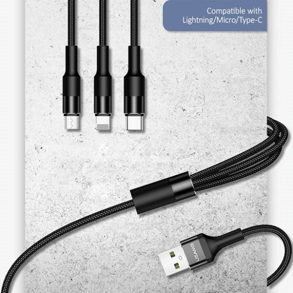 USAMS U5 USB-A - Type-C/Lightning/microUSB kábel 1.5m 2A - fekete