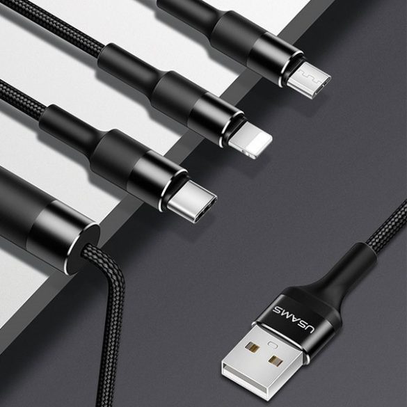 USAMS U5 USB-A - Type-C/Lightning/microUSB kábel 1.5m 2A - fekete