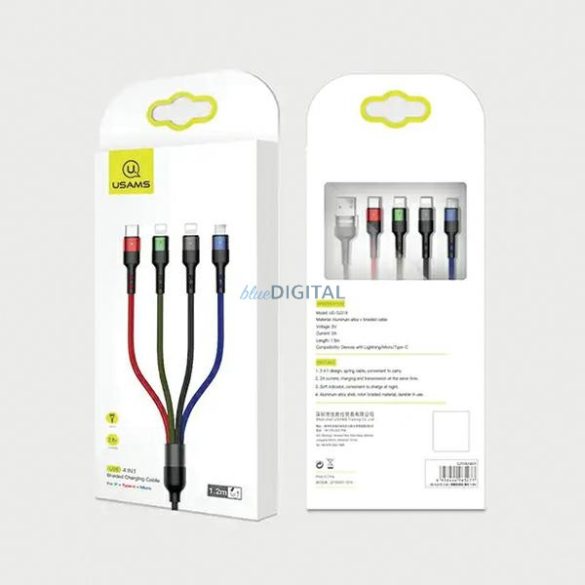 USAMS U26 4in1 fonott kábel 1.2m 2A gyors töltés (2x villám/microUSB/USB-C) SJ317USB01 (US-SJ317)