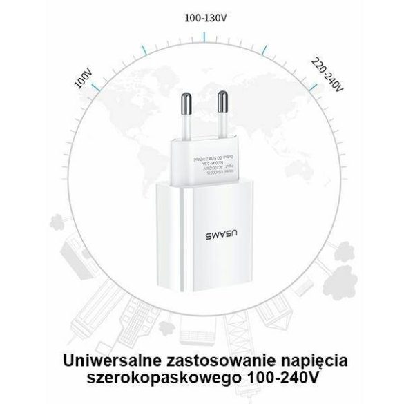 USAMS töltő 1xUSB T18 2,1A (csak fej) fehér Gyorstöltés CC075TC01