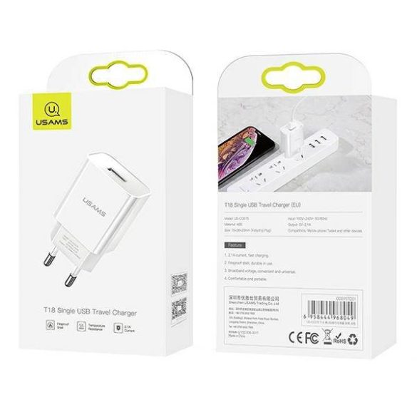 USAMS töltő 1xUSB T18 2,1A (csak fej) fehér Gyorstöltés CC075TC01