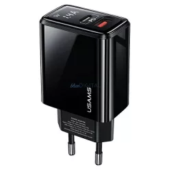   USAMS Hálózati töltő 1xUSB-C+1xUSB T40 20W LED (csak a fej) PD3.0 + QC3.0 gyors töltő fekete CC133T