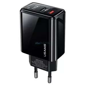 USAMS Hálózati töltő 1xUSB-C+1xUSB T40 20W LED (csak a fej) PD3.0 + QC3.0 gyors töltő fekete CC133T