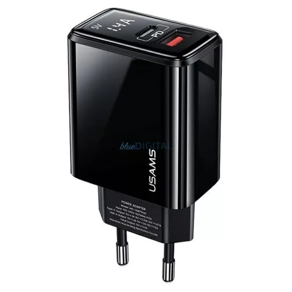 USAMS Hálózati töltő 1xUSB-C+1xUSB T40 20W LED (csak a fej) PD3.0 + QC3.0 gyors töltő fekete CC133T