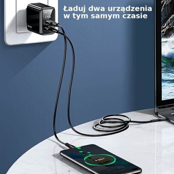 USAMS töltő 1xUSB-C+1xUSB T40 20W LED (csak fej) PD3.0 +QC3.0 gyorstöltés fekete CC133TC01 (US-CC133)