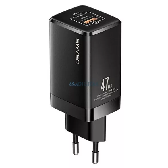 USAMS Hálózati tölts T41 USB-C+USB GaN 47 WPD+QC (csak a fej) Gyors töltő fekete CC137TC01 (US-CC1)