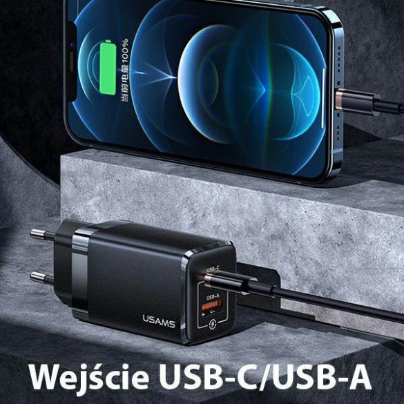 USAMS töltő T41 USB-C+USB GaN 47W PD+QC (csak fej) gyorstöltés fekete CC137TC01 (US-CC137)