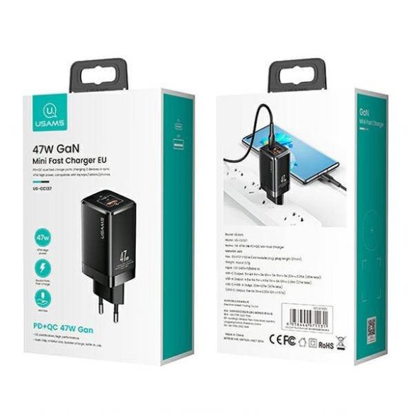 USAMS töltő T41 USB-C+USB GaN 47W PD+QC (csak fej) gyorstöltés fekete CC137TC01 (US-CC137)