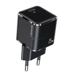   USAMS hálózati töltő 1xUSB-C T42 mini 25 W (csak a fej) Super SI 5 V–3 A PD3.0 gyorstöltés fekete CC140TC01 (US-CC140)