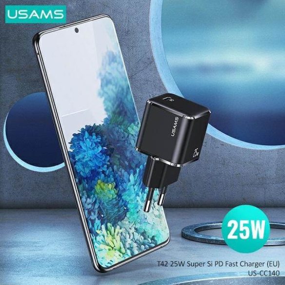 USAMS töltő 1xUSB-C T42 mini 25W (csak fej) Super SI 5V-3A PD3.0 gyorstöltés fekete CC140TC01 (US-CC140)