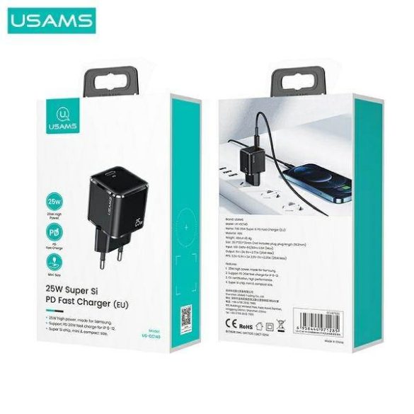 USAMS töltő 1xUSB-C T42 mini 25W (csak fej) Super SI 5V-3A PD3.0 gyorstöltés fekete CC140TC01 (US-CC140)