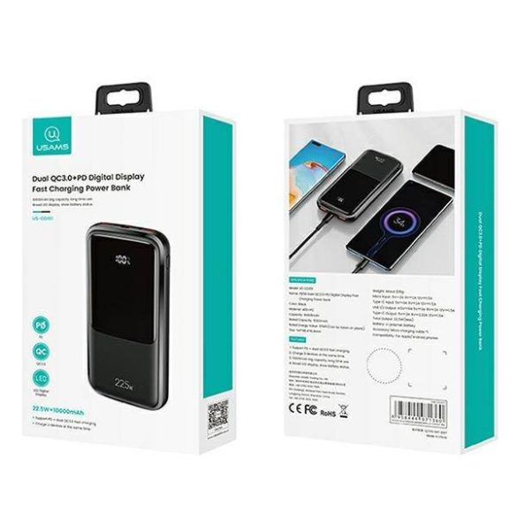 USAMS Powerbank PB58 10000mAh 22.5W QC3.0+PD gyorstöltés fekete 10KCD16101 (US-CD161)