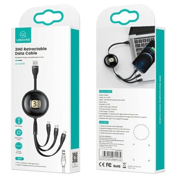 USAMS kábel U69 3 az 1-ben 1m fekete (lightning/microUSB/USB-C) SJ508USB01 (US-SJ508)