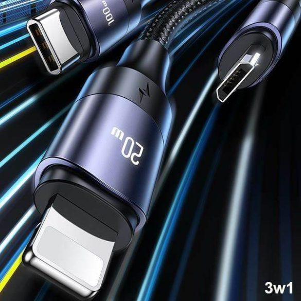 USAMS kábel U71 3 az 1-ben 1.2m 6A gyorstöltés fekete (USB/USB-C - lightning/microUSB/USB-C) SJ511USB01 (US-SJ511)