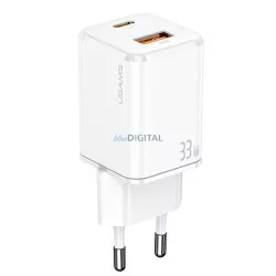   USAMS hálózati töltő 1xUSB-C + 1xUSB T43 33 W (csak a fej) PD 3.0 + QC 3.0 gyorstöltés fehér CC144TC02 (US-CC144)