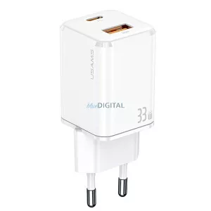 USAMS hálózati töltő 1xUSB-C + 1xUSB T43 33 W (csak a fej) PD 3.0 + QC 3.0 gyorstöltés fehér CC144TC02 (US-CC144)