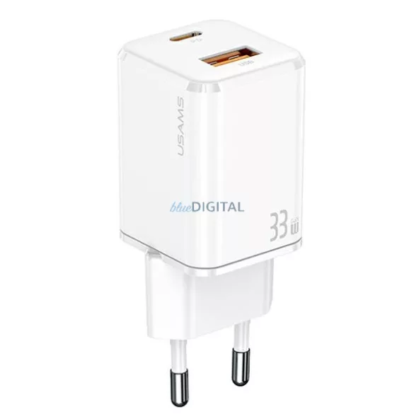 USAMS hálózati töltő 1xUSB-C + 1xUSB T43 33 W (csak a fej) PD 3.0 + QC 3.0 gyorstöltés fehér CC144TC02 (US-CC144)