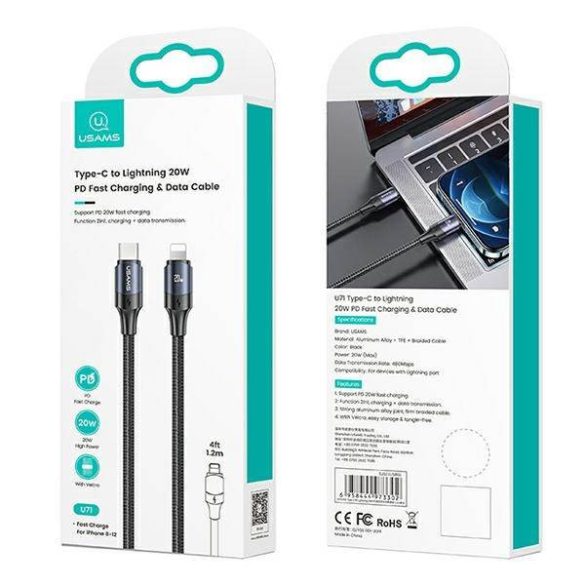 USAMS kábel U71 USB-C - Lightning 1,2m 20W PD gyorstöltés fekete SJ521USB01 (US-SJ521)