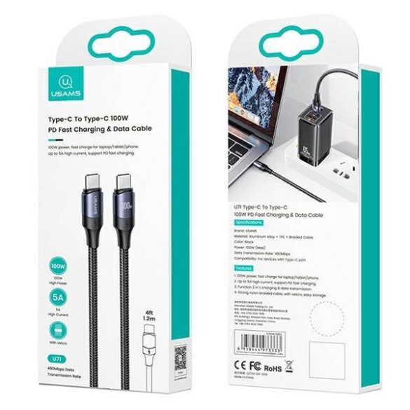 USAMS kábel U71 USB-C - USB-C 1,2m 100W PD gyorstöltés fekete SJ524USB01 (US-SJ524)